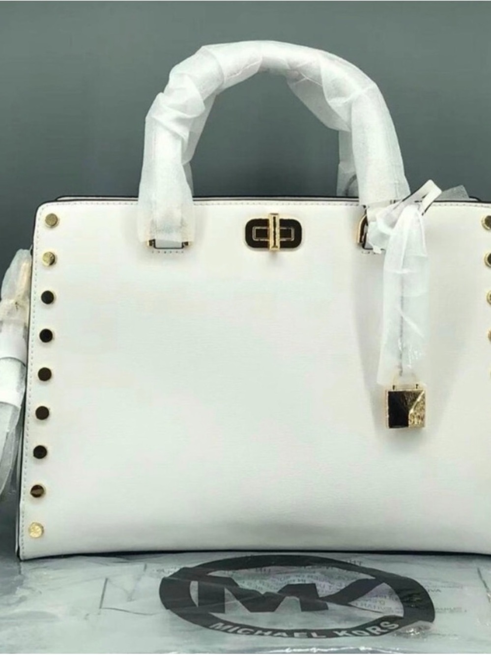 Michael Kors White Leather Stud-Trim Satchel with Gold Hardware
